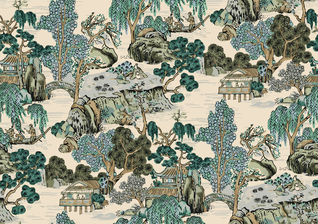 Beige Chinoiserie Landscape Wallpaper pattern artwork