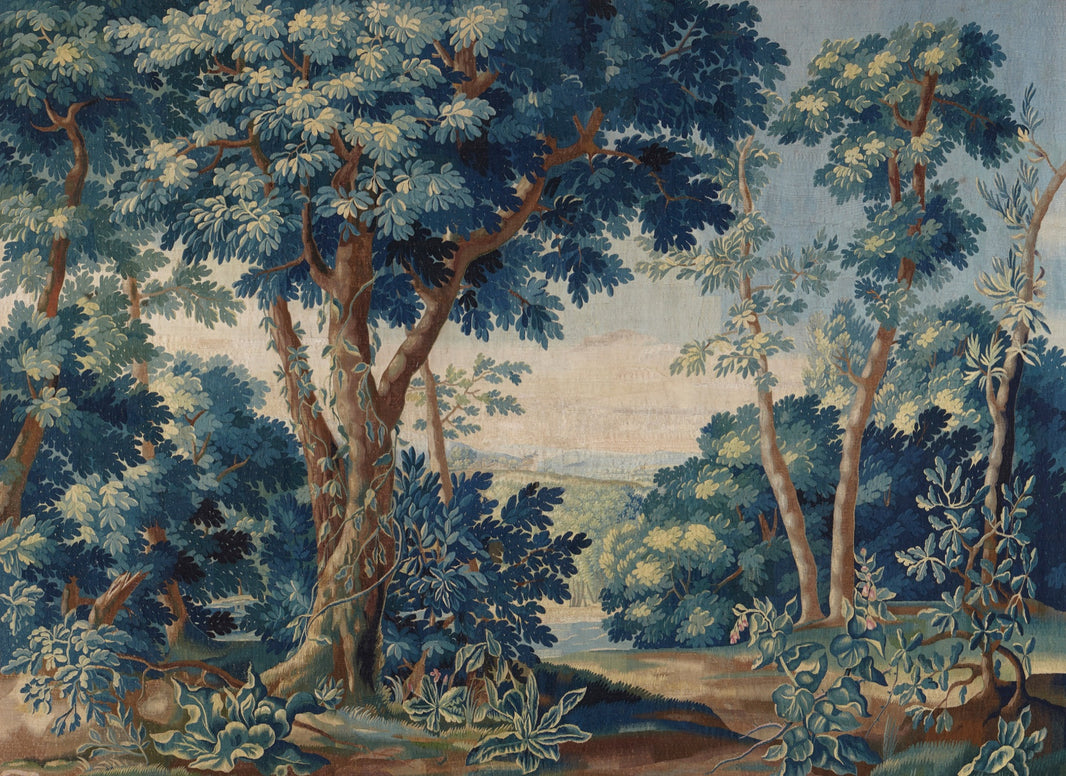 Vintage Blue and Green Forest Landscape Wall Mural pattern artwork