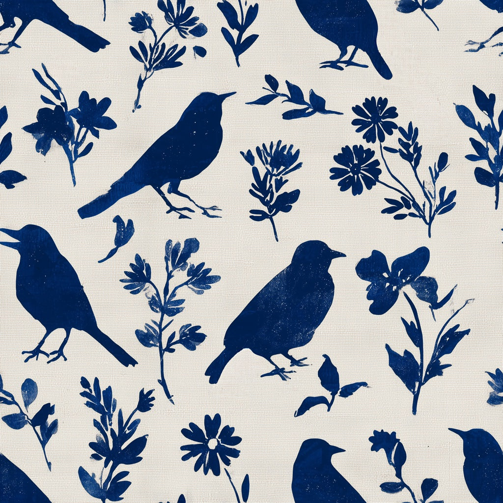 Vintage Floral Wallpaper Birds Blue Wall Decor pattern artwork