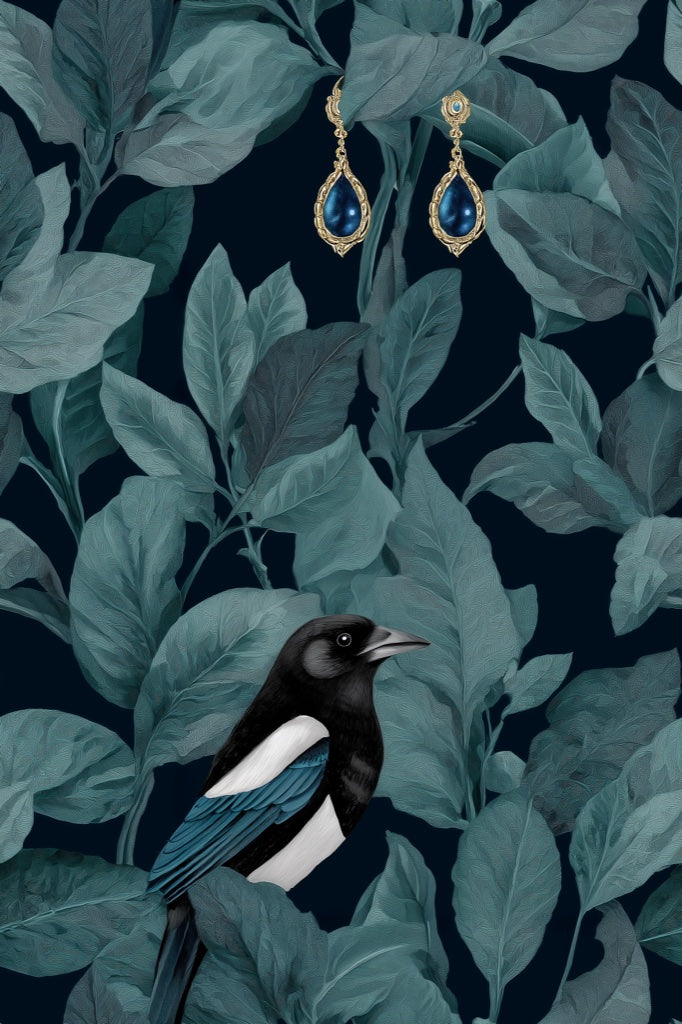 Magpie Wallpaper Teal Leaves Dark Background Mural pattern artwork