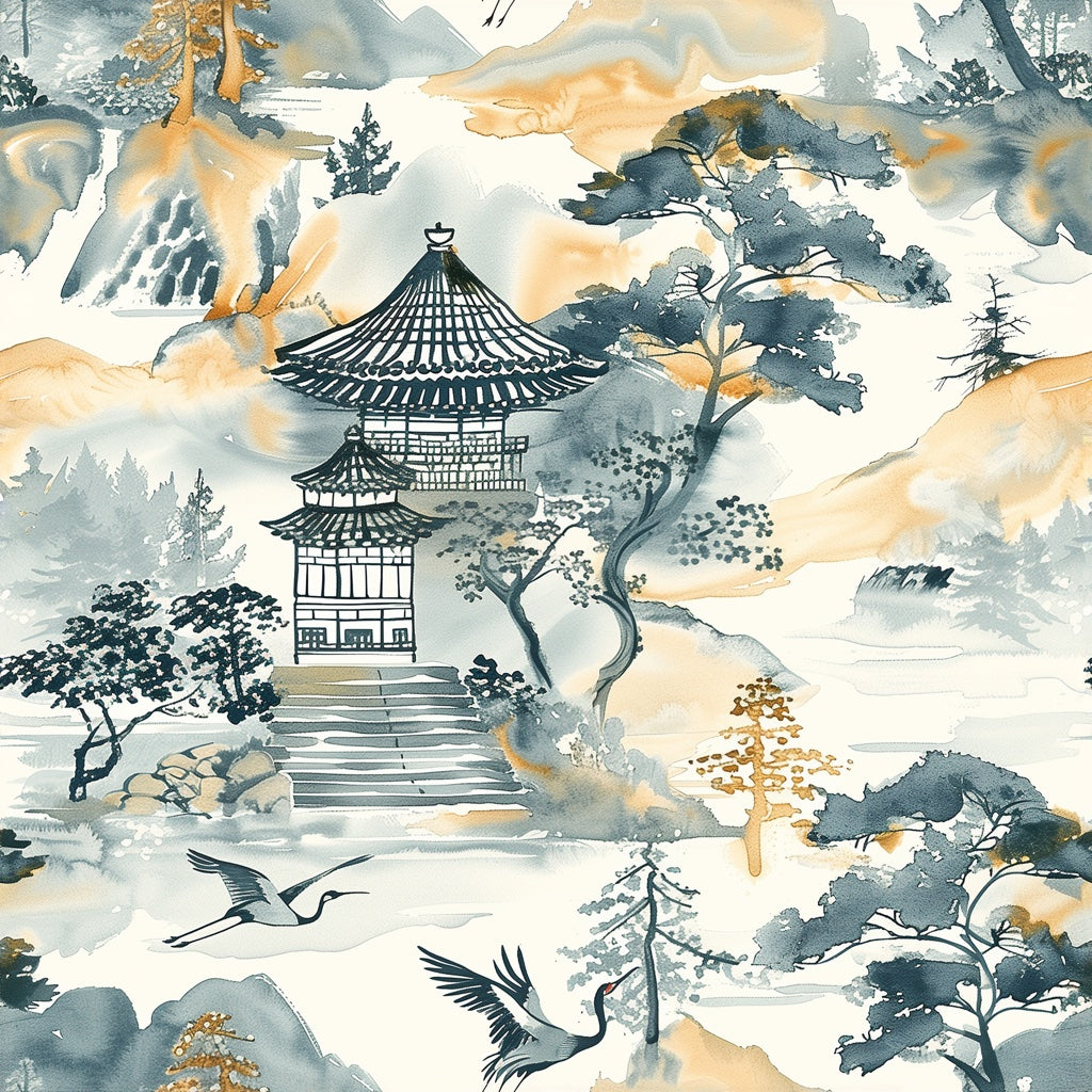 Asian Landscape Wallpaper Pagoda Traditional Decorative Mural pattern artwork