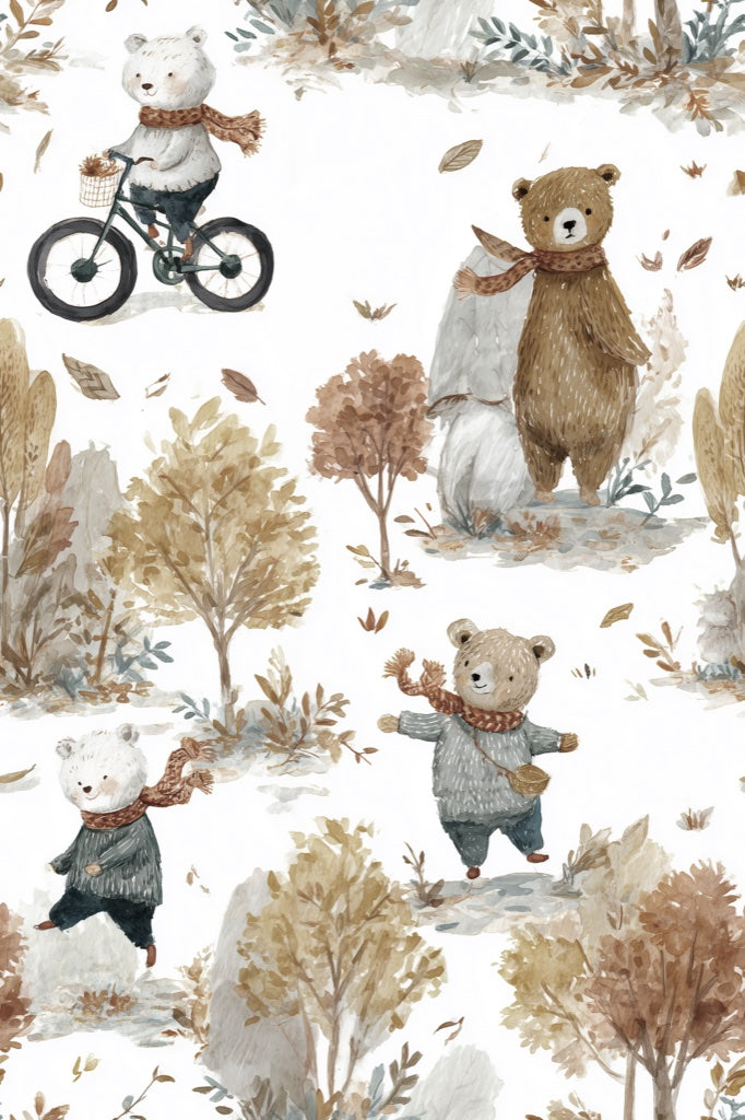 Whimsical Forest Wallpaper Bicycle Bear Decorative Mural pattern artwork