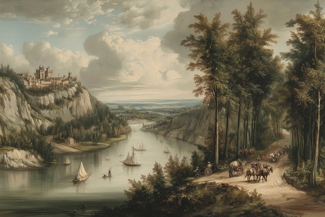 Traditional Landscape Wallpaper River Sailboats Wall Mural pattern artwork