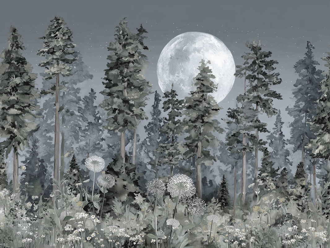 Forest Moon Wallpaper Trees Removable Wildflowers Wall Decor pattern artwork