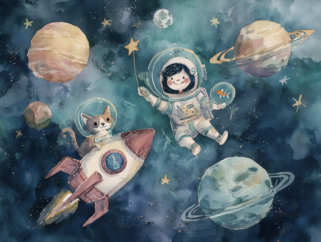 Astronaut Wallpaper Cat Planets Wall Mural pattern artwork