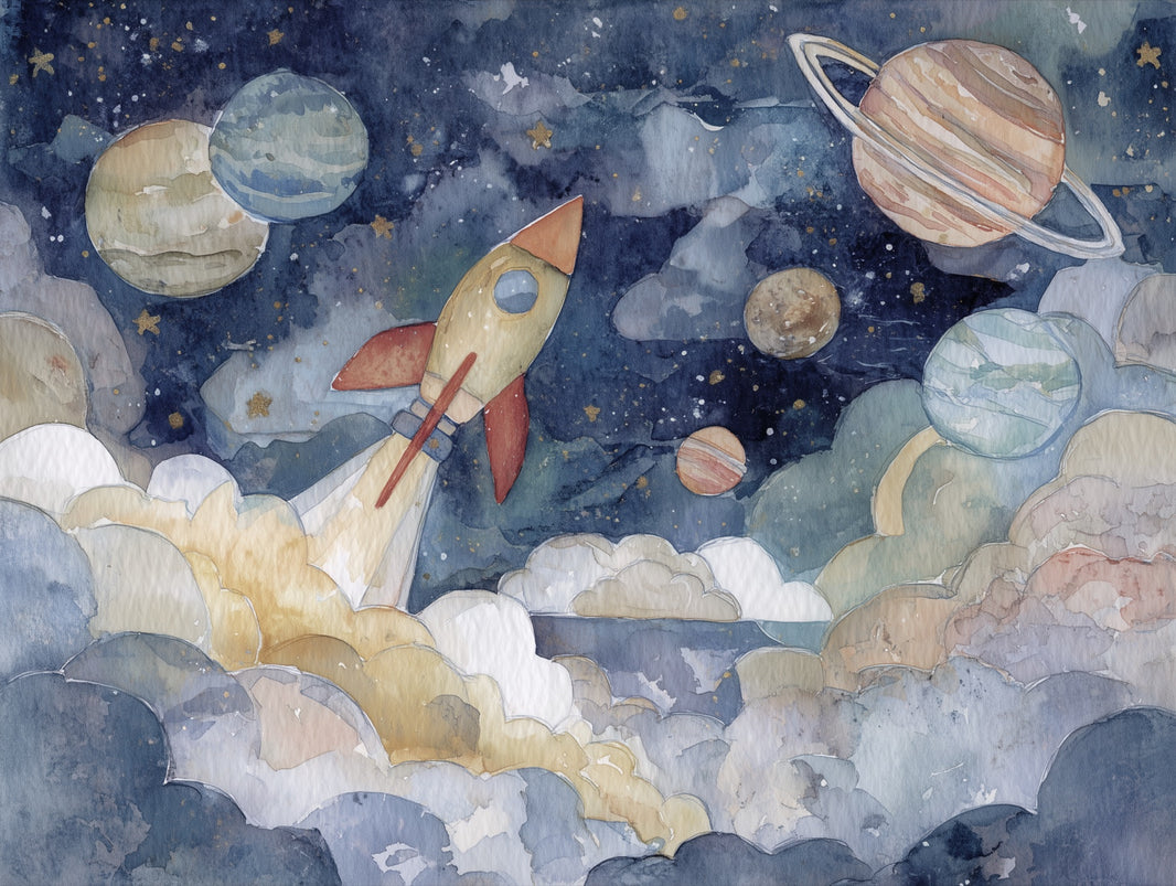 Space Rocket Wallpaper Planets Whimsical Wall Mural pattern artwork