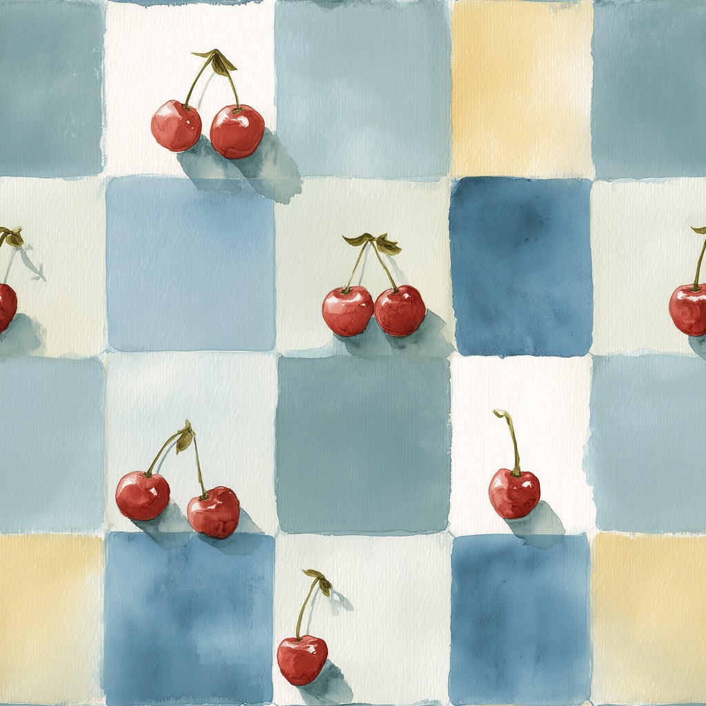 Watercolor Cherries Wallpaper Checkered Squares Kitchen Cottage Decorative Mural pattern artwork