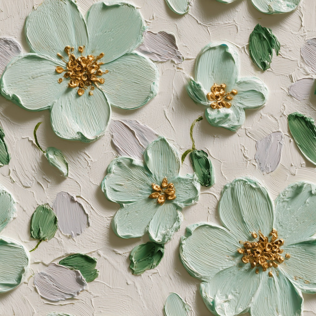 Floral Wallpaper Impasto Texture Removable Mint Green Petals Wall Decor pattern artwork