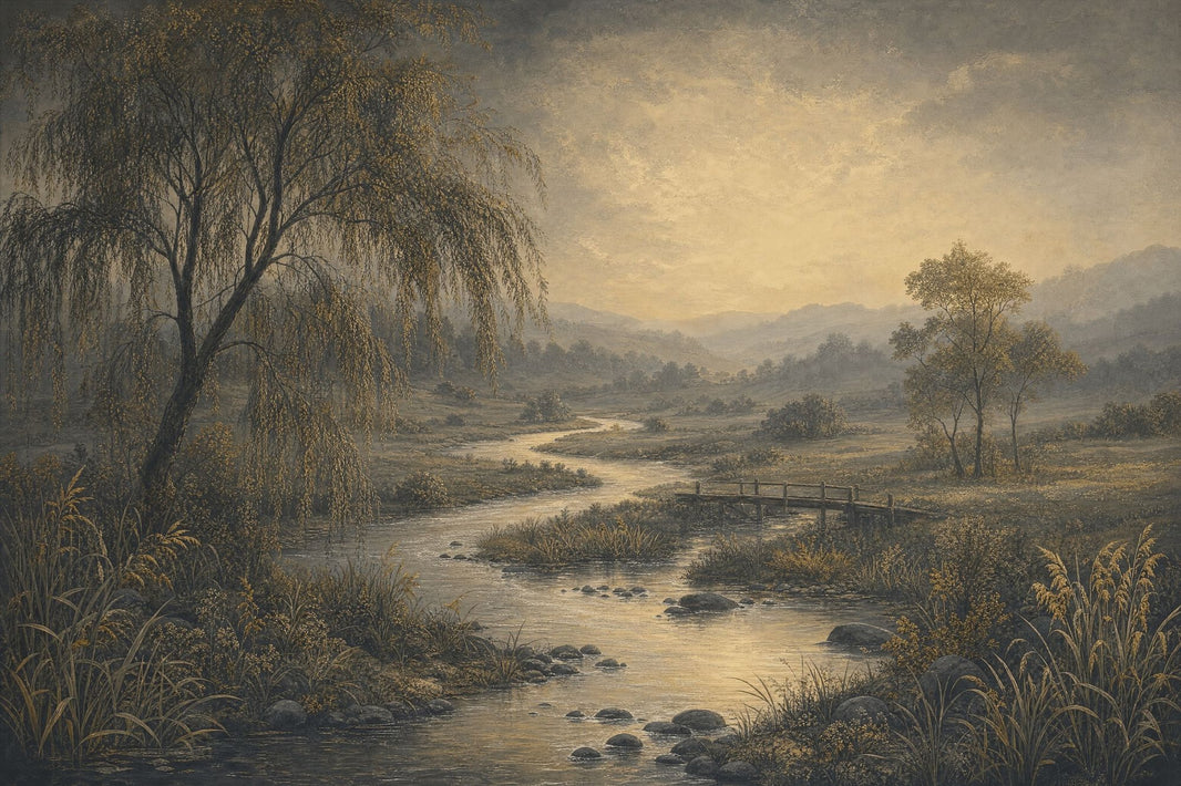 Wooden Bridge Wallpaper Misty Valley Sepia Tones Wall Mural pattern artwork