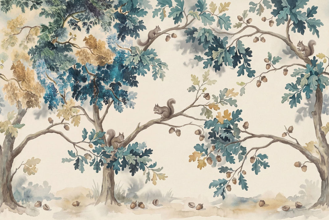 Watercolor Oak Trees Wallpaper Squirrels Nature Landscape Removable Wall Decor pattern artwork