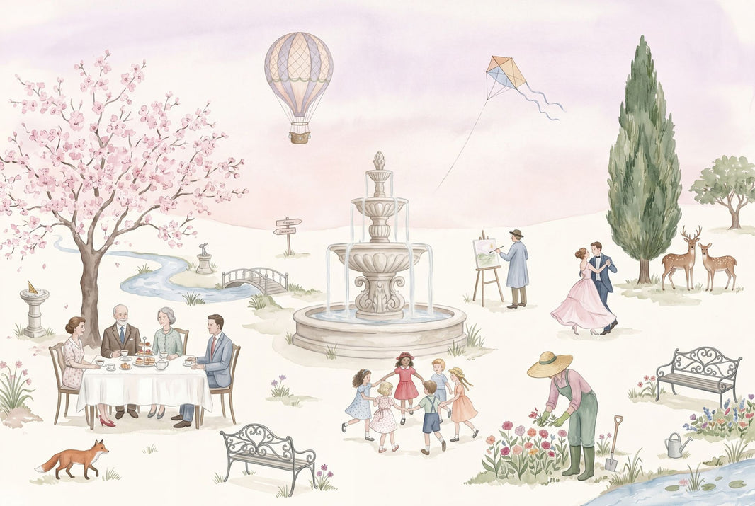 Hot Air Balloon Wallpaper Park Scene Cherry Blossom Wall Mural pattern artwork