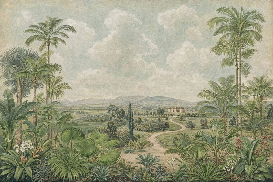 Tropical Landscape Mural Wallpaper Palm Trees Removable Vintage Illustration Wall Decor pattern artwork