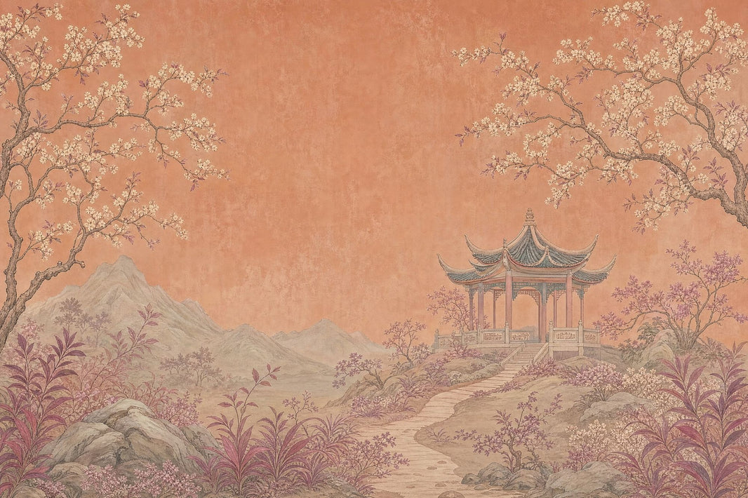 Asian Landscape Wallpaper Pavilion Gazebo Removable Chinoiserie Wall Decor pattern artwork