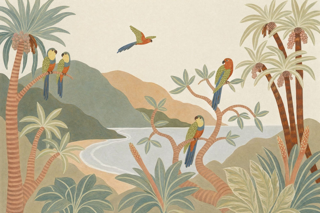Tropical Landscape Wallpaper Parrots Vintage Mural Removable Wall Decor pattern artwork