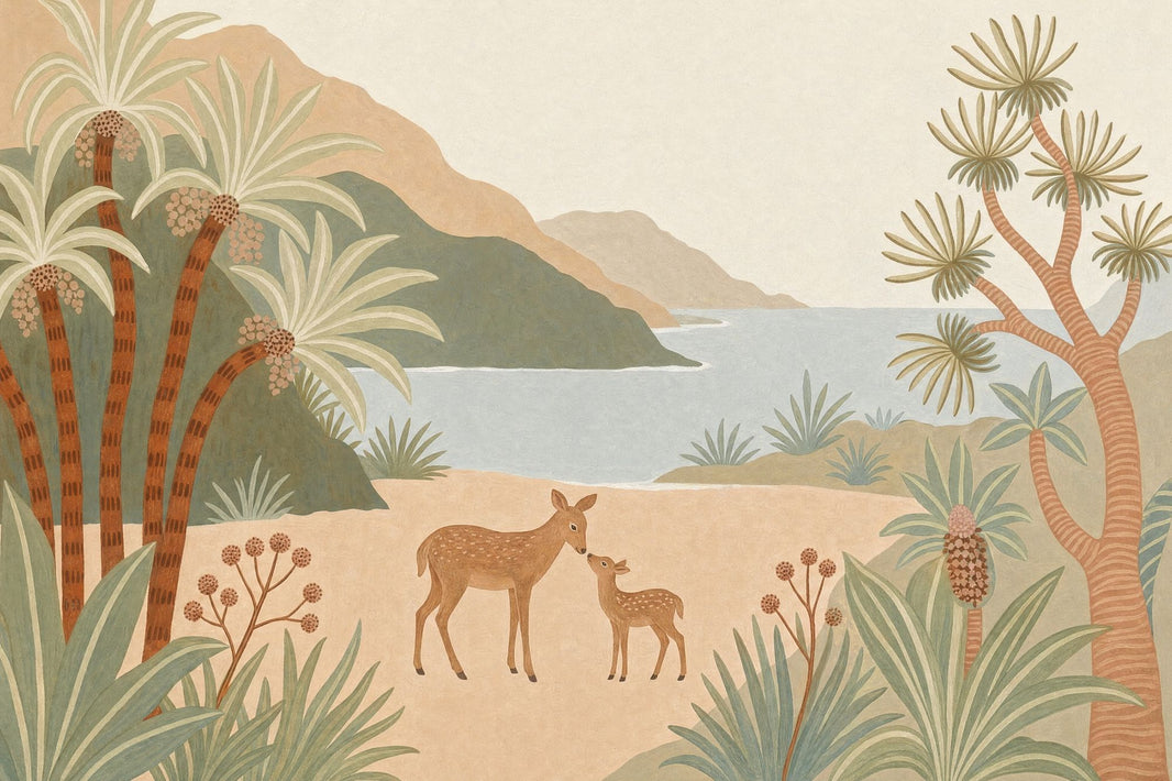 Coastal Landscape Wallpaper Bright Deer And Fawn Wall Mural pattern artwork
