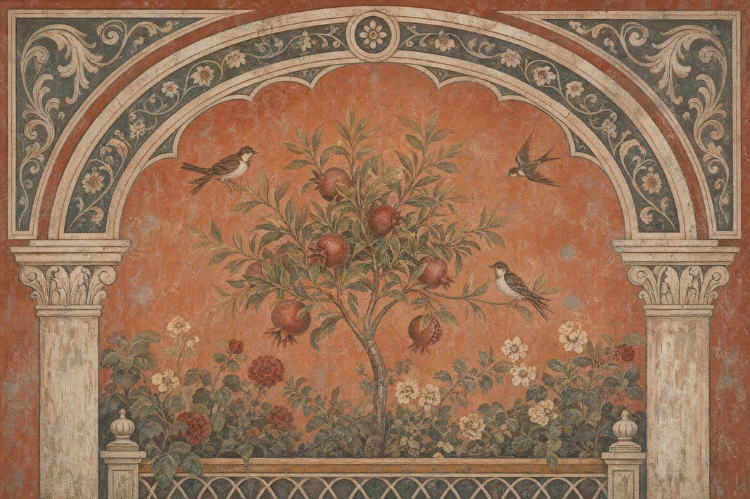 Vintage Fresco Wallpaper Terracotta Orange Pomegranate Tree Removable Wall Decor pattern artwork