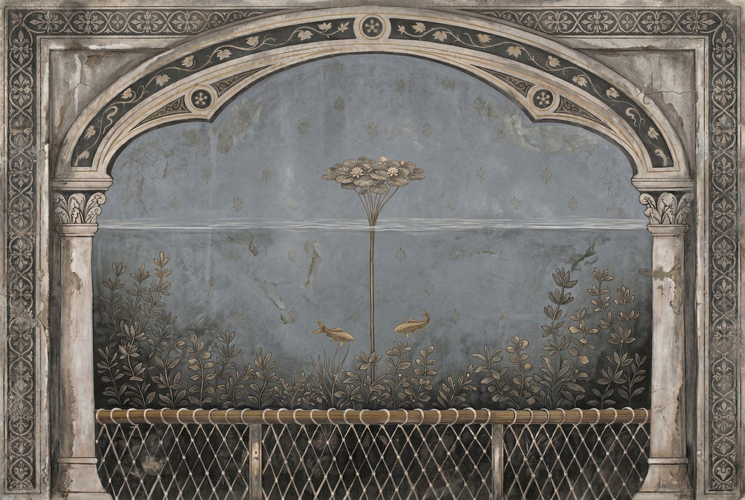 Vintage Fresco Wallpaper Arched Frame Water Lily Removable Wall Decor pattern artwork