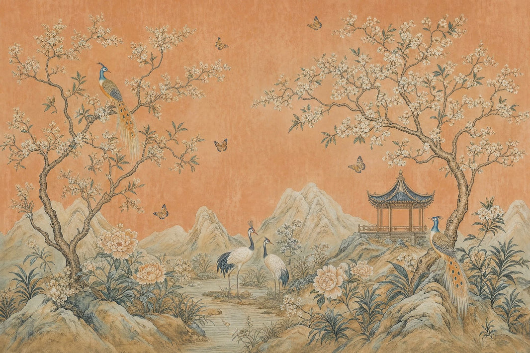Chinoiserie Wallpaper Asian Landscape Terracotta Background Wall Mural pattern artwork