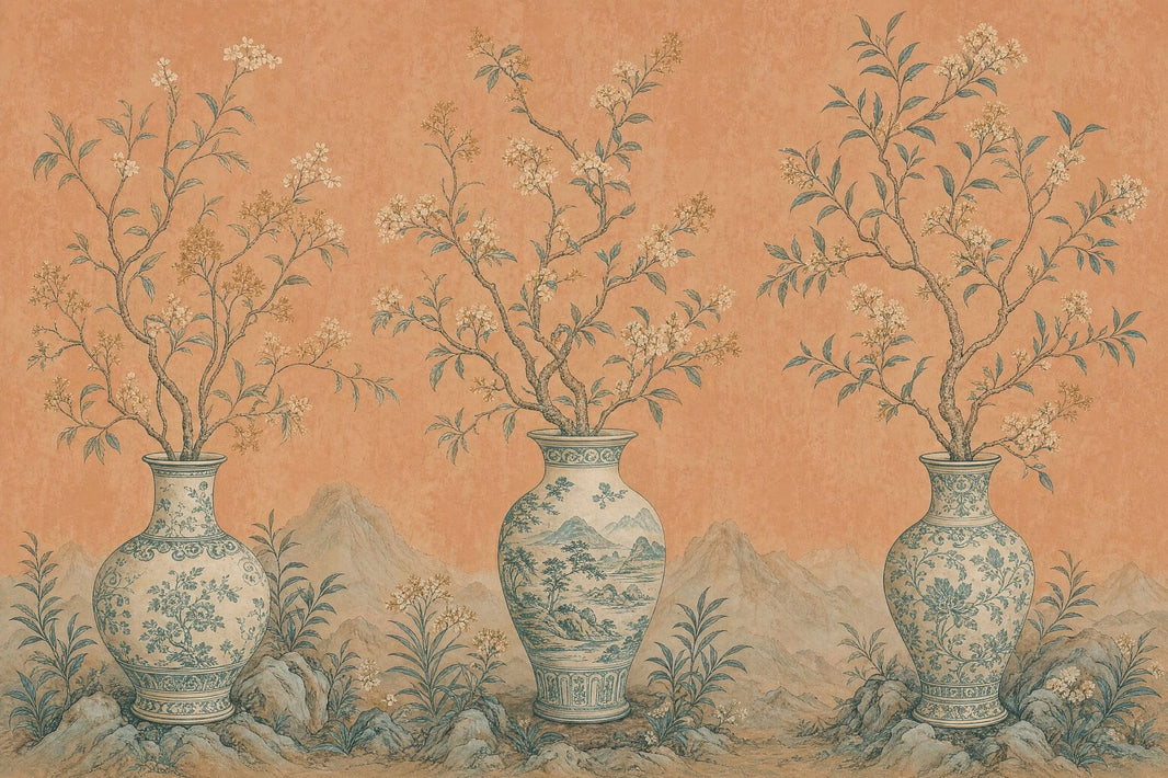 Chinoiserie Wallpaper Porcelain Vases Oriental Landscape Wall Mural pattern artwork