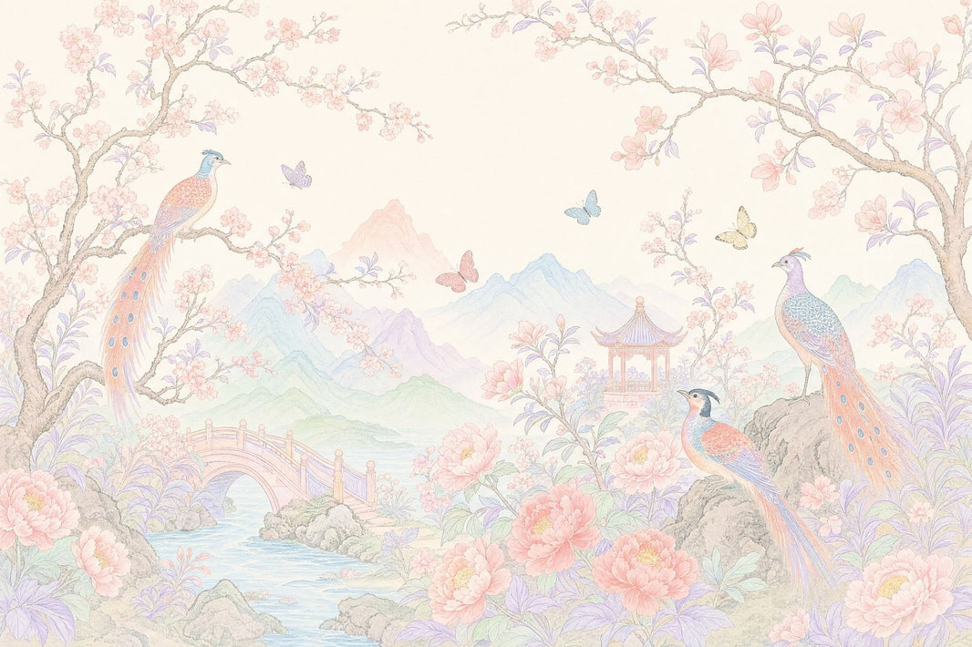 Chinoiserie Wallpaper Pastel Floral Landscape Removable Wall Decor pattern artwork