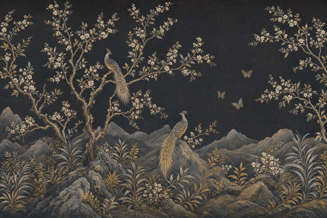 Night Landscape Wallpaper Blossom Branches Removable Gold Accents Wall Decor pattern artwork