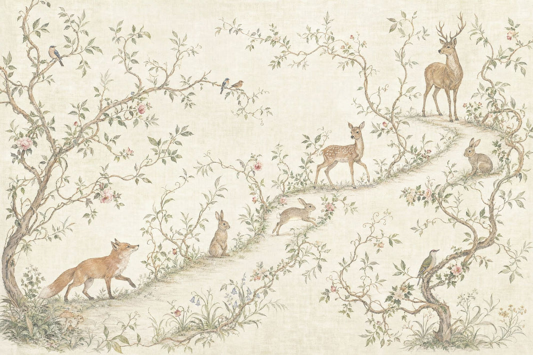 Woodland Toile Wallpaper Pastoral Landscape Removable Deer And Fawn Wall Decor pattern artwork