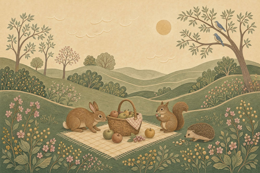 Pastoral Landscape Wallpaper Woodland Animals Vintage Illustration Removable Wall Decor pattern artwork