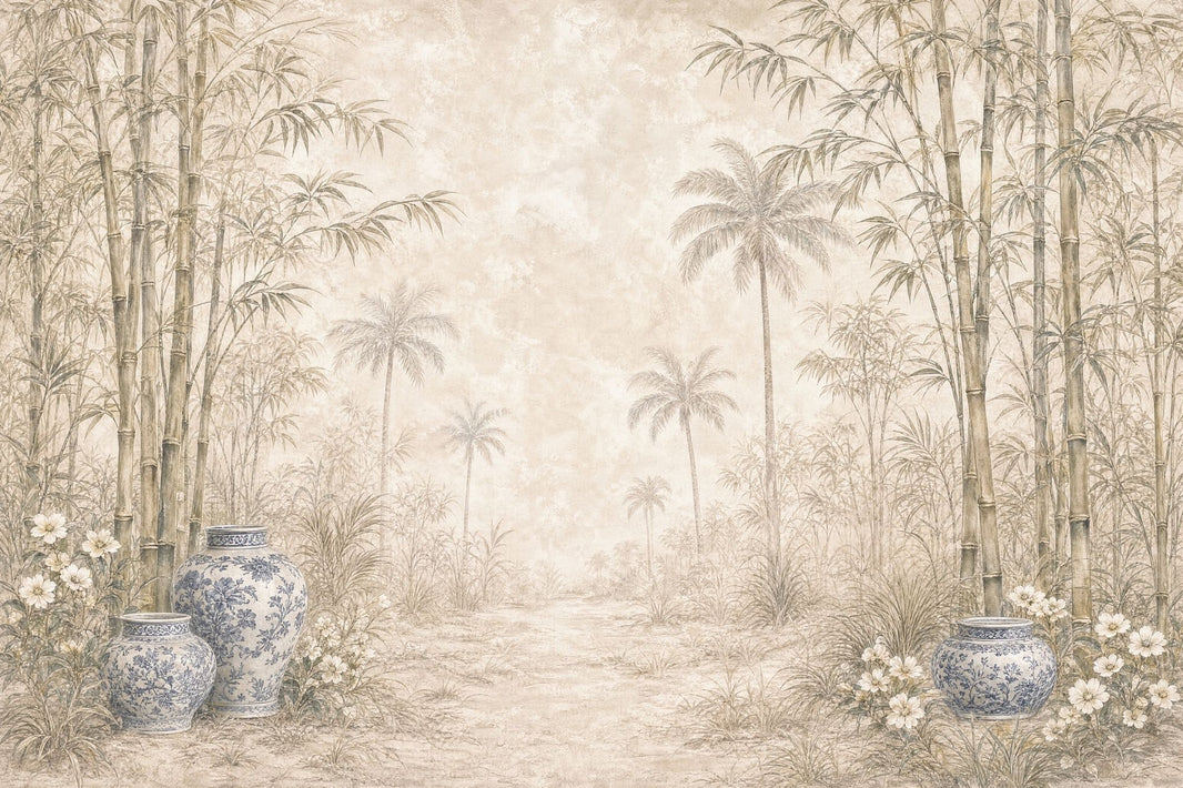 Bamboo Grove Wallpaper Tropical Palms Blue And White Porcelain Removable Wall Decor pattern artwork