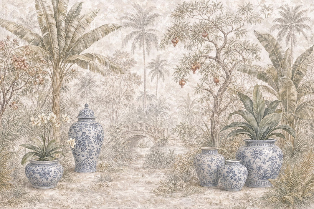 Tropical Landscape Wallpaper Palm Trees Removable Blue And White Porcelain Wall Decor pattern artwork