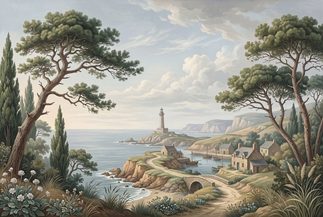 Coastal Landscape Wallpaper Seaside Village Lighthouse Removable Wall Decor pattern artwork