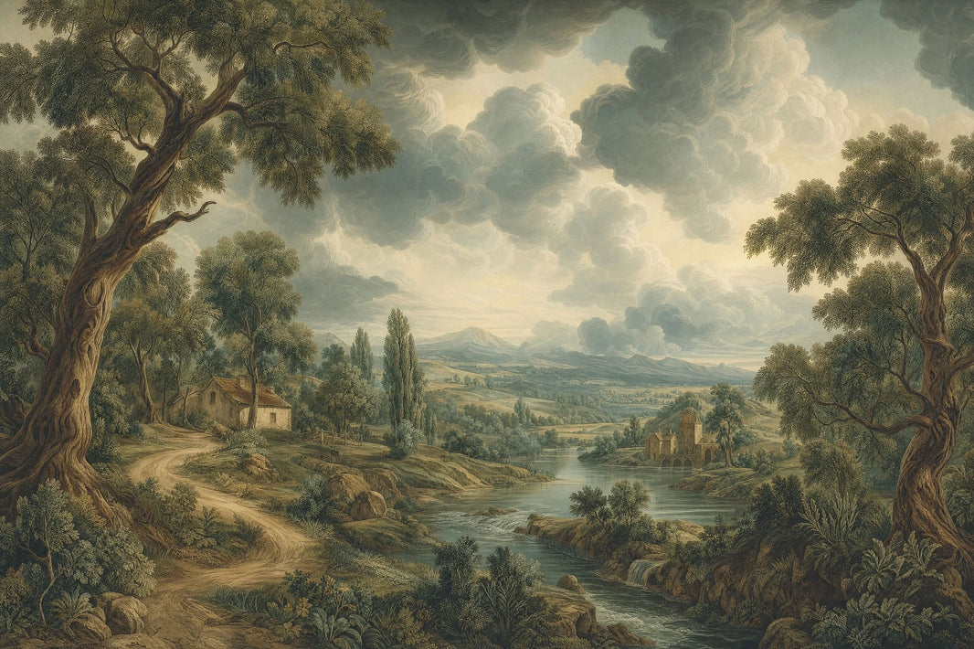 Muted Green Wallpaper Pastoral Landscape Removable Countryside Wall Decor pattern artwork