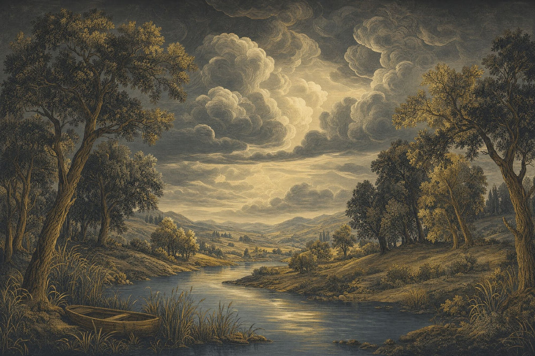 Dark Landscape Wallpaper Vintage Engraving River Valley Removable Wall Decor pattern artwork