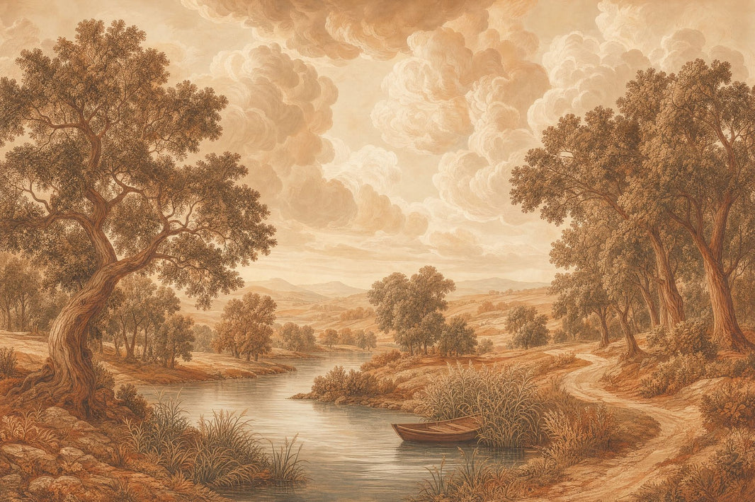 Sepia Landscape Wallpaper Pastoral Countryside River And Reeds Wall Mural pattern artwork
