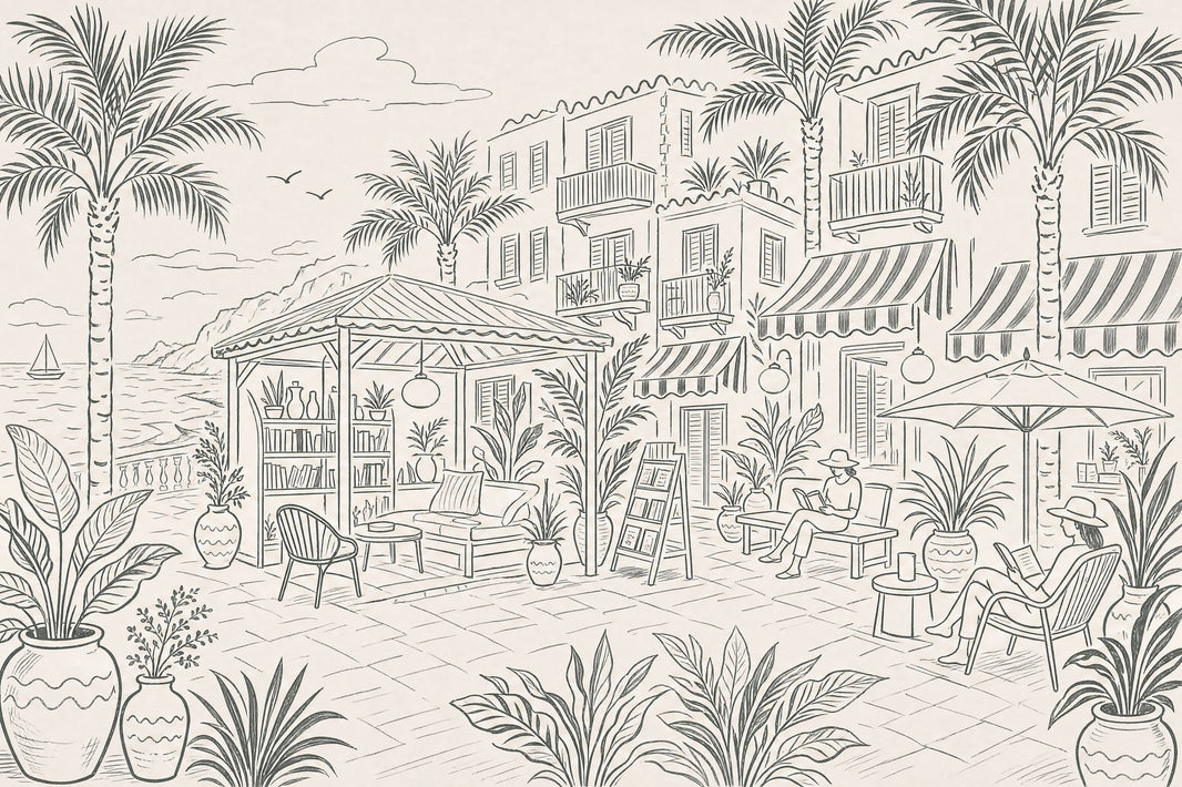 Mediterranean Coastal Terrace Wallpaper Seaside Resort Removable Palm Trees Wall Decor pattern artwork
