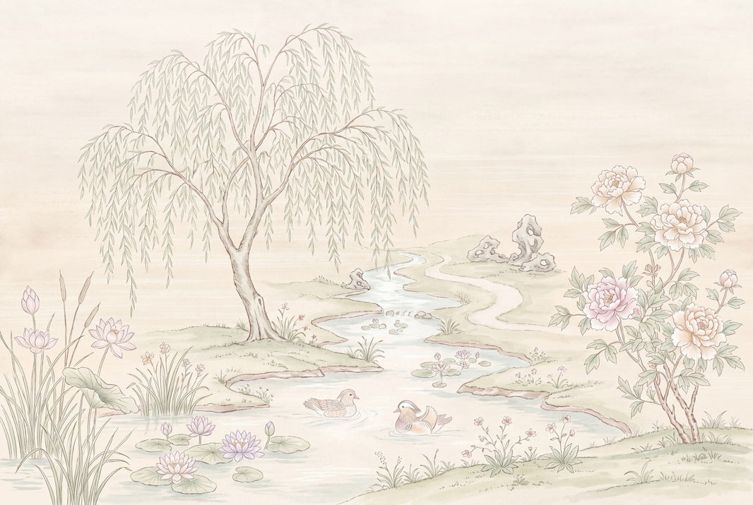 Pastel Landscape Wallpaper Willow Tree Winding River Wall Mural pattern artwork