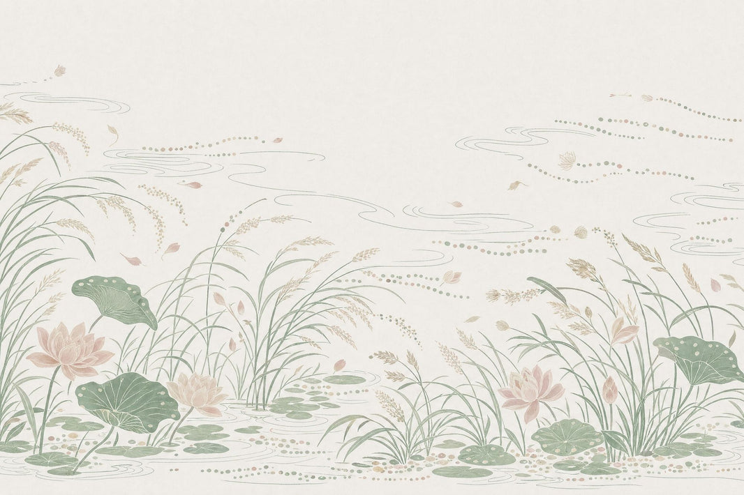 Lotus Pond Wallpaper Water Lilies Sage Green Removable Wall Decor pattern artwork