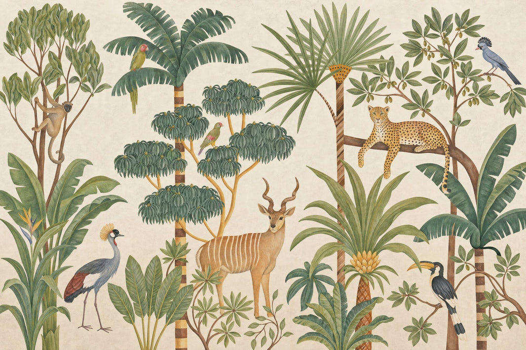Tropical Jungle Wallpaper Safari Animals Vintage Botanical Wall Mural pattern artwork