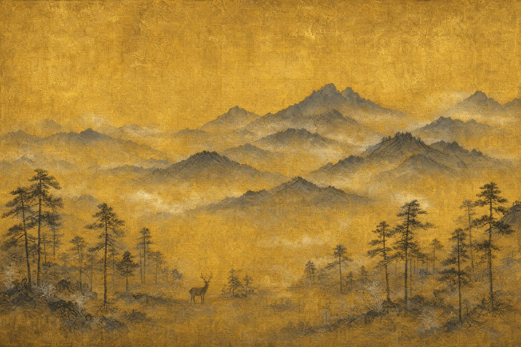 Golden Mountain Landscape Wallpaper Misty Hills Deer Silhouette Wall Mural pattern artwork