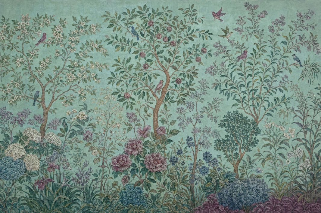 Teal Botanical Wallpaper Vintage Garden Chinoiserie Inspired Wall Mural pattern artwork