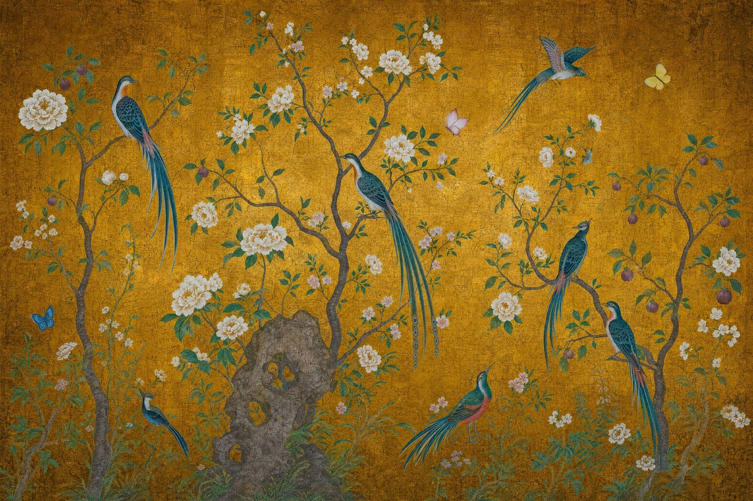 Chinoiserie Wallpaper Gold Leaf Background Removable Oriental Birds Wall Decor pattern artwork