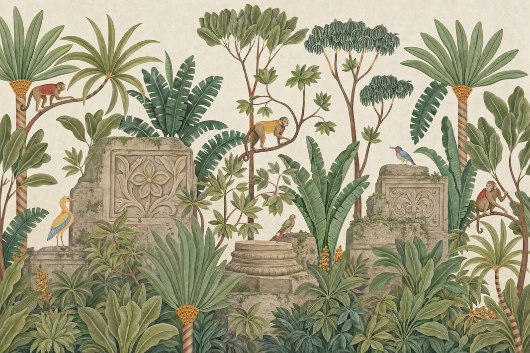 Tropical Jungle Wallpaper Green Foliage Removable Monkeys Wall Decor pattern artwork