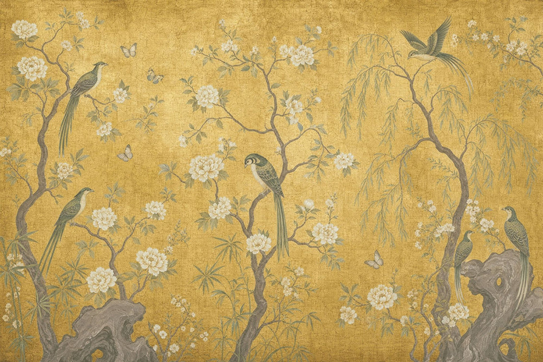 Muted Green Wallpaper Chinoiserie Gold Removable Wall Decor pattern artwork
