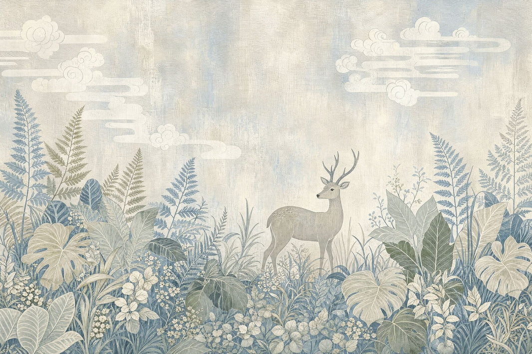 Woodland Landscape Wallpaper Deer Botanical Foliage Removable Wall Decor pattern artwork