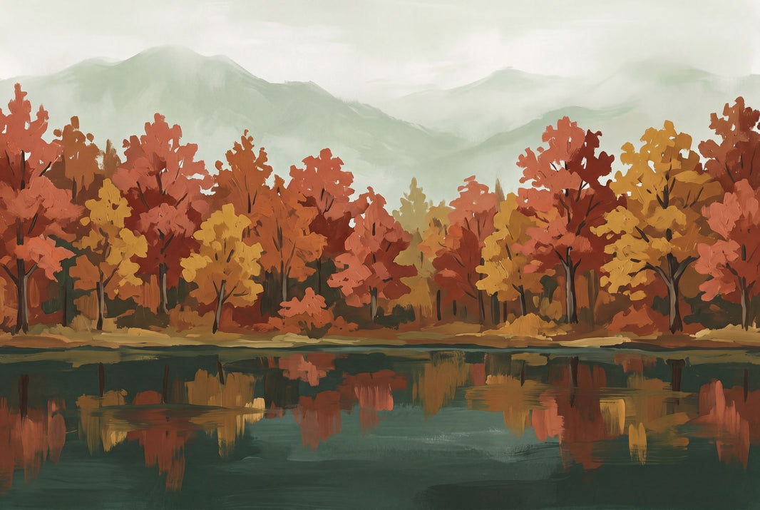 Autumn Landscape Wallpaper Fall Trees Lake Reflection Removable Wall Decor pattern artwork