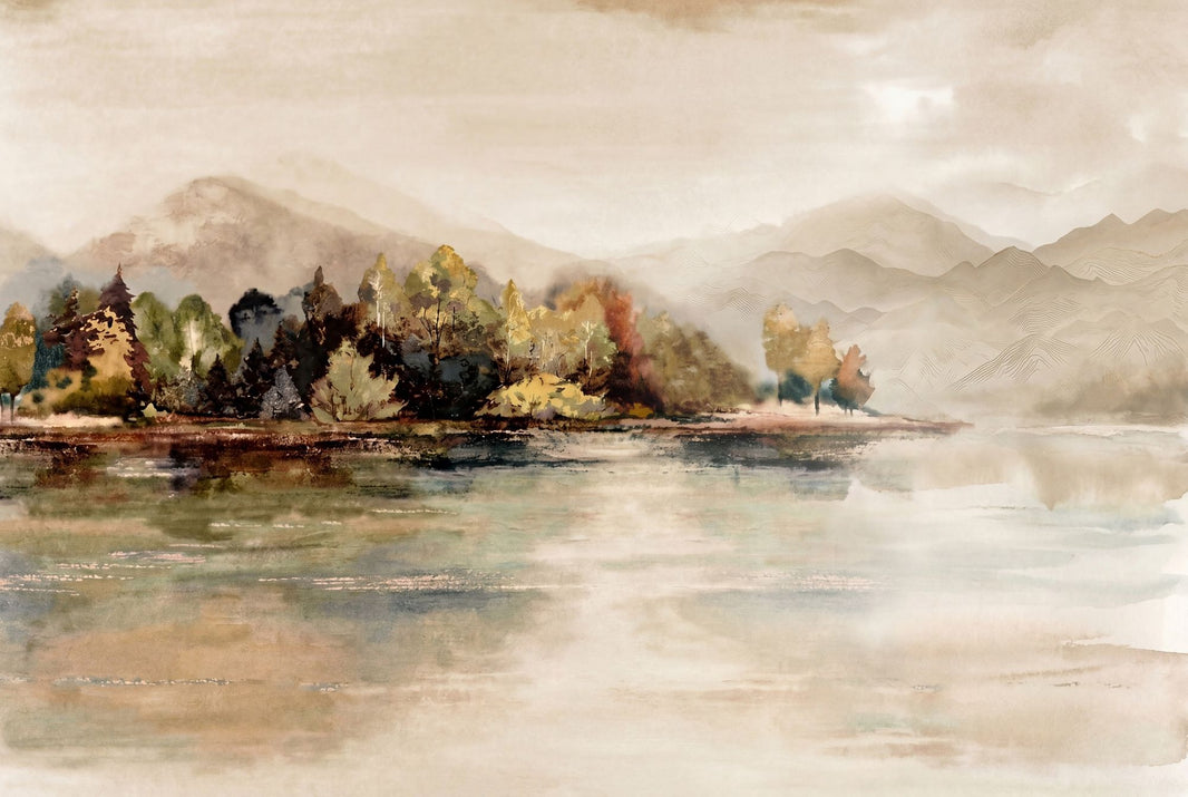 Watercolor Landscape Wallpaper Misty Mountains Removable Lake Reflection Wall Decor pattern artwork