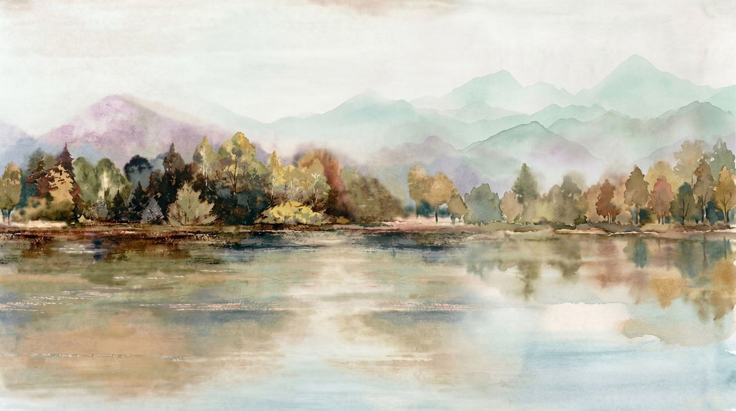Watercolor Landscape Wallpaper Misty Mountains Lake Reflection Removable Wall Decor pattern artwork