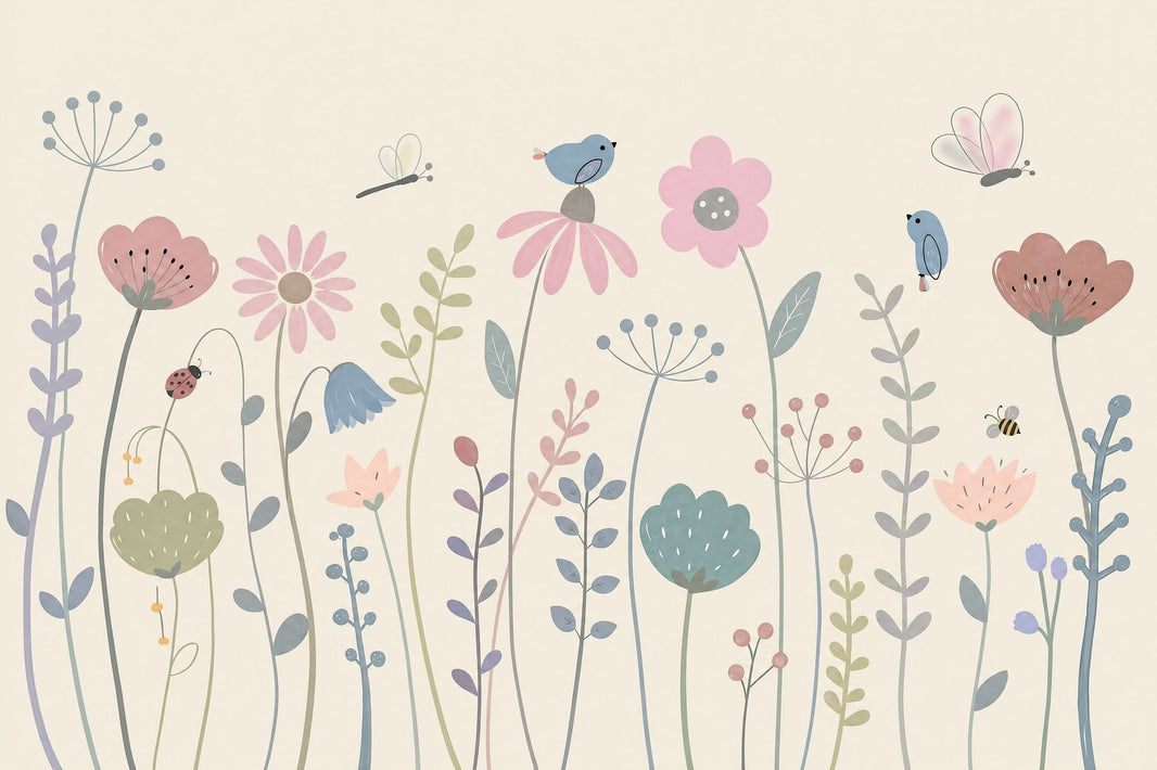 Floral Meadow Wallpaper Pastel Whimsical Removable Wall Decor pattern artwork