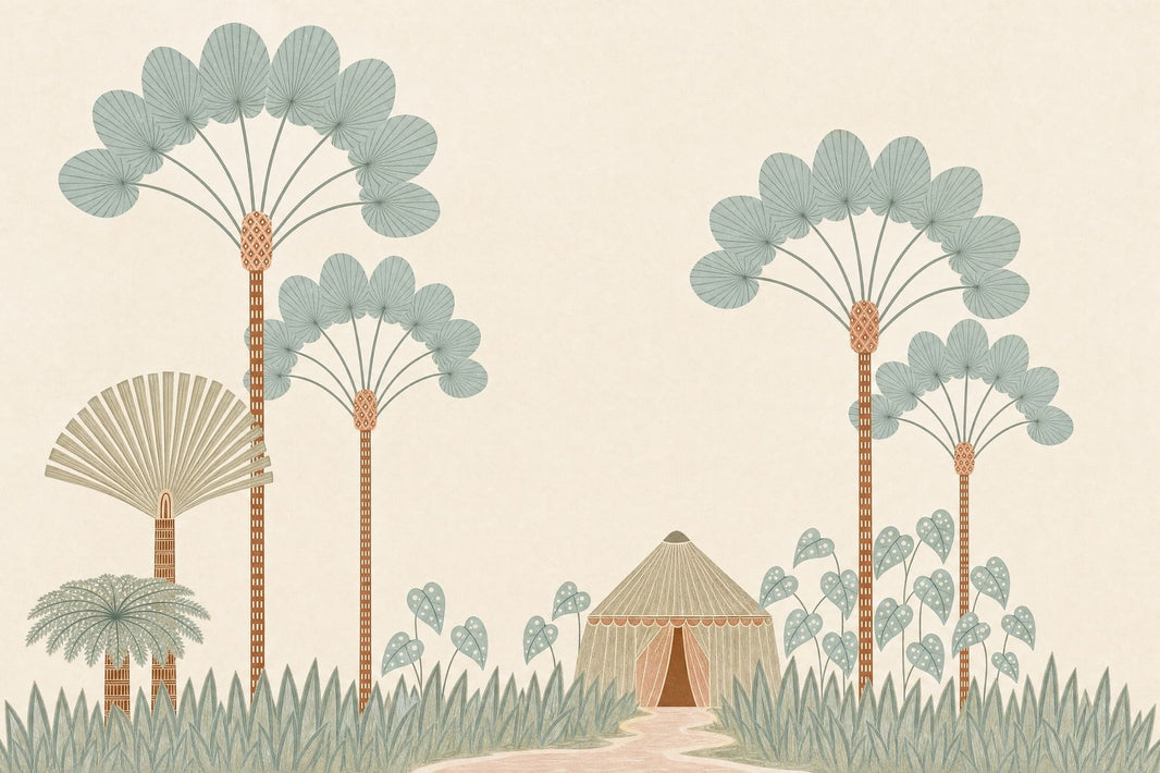 Stylized Landscape Wallpaper Palm Trees Removable Tent Hut Wall Decor pattern artwork