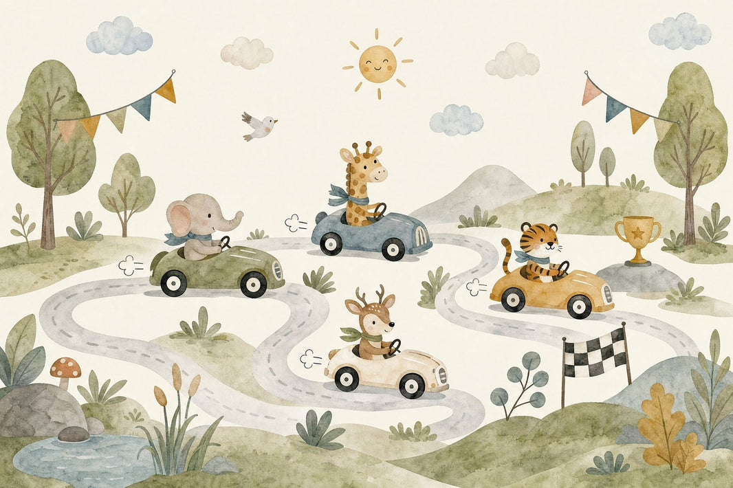 Kids Wallpaper Wallpaper Watercolor Removable Animal Race Cars Wall Decor pattern artwork