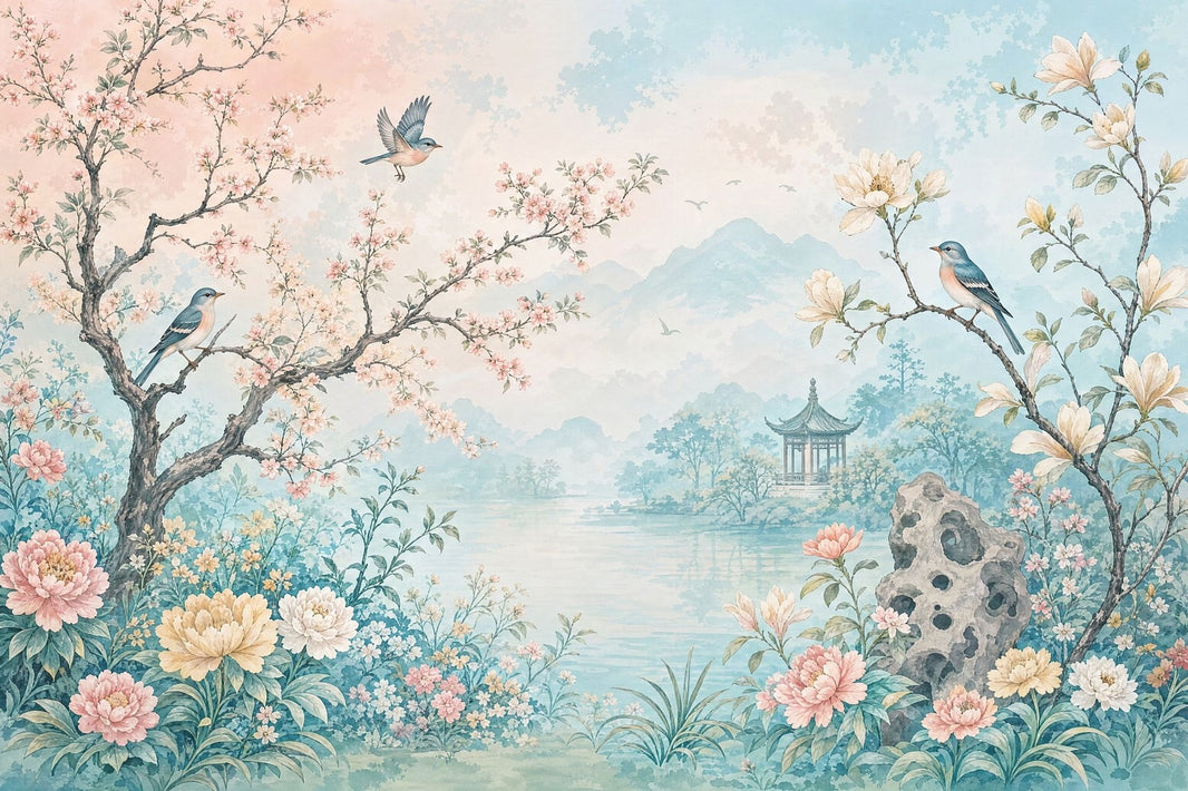 Pastel Watercolor Wallpaper Floral Landscape Birds On Branches Wall Mural pattern artwork